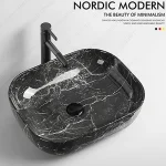 Évier de Table Rectangulaire en Céramique, Motif Pierre Noire, Lavabo Filles en Forme de Bateau, Évier de Bateau Au-Dessus du Comptoir pour HOBalcony