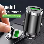 Chargeur voiture double USB charge rapide intelligent aluminium alliage finition CNC anodisé LED vert compact cylindrique