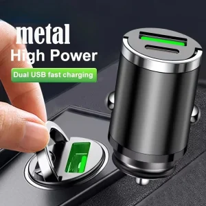 Chargeur voiture double USB charge rapide intelligent aluminium alliage finition CNC anodisé LED vert compact cylindrique