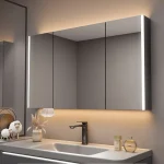 Meuble de salle de bain, armoire à miroir moderne en bois massif, salle de bain intelligente avec désembuage de lumière, miroir de beauté avec casier de rangement