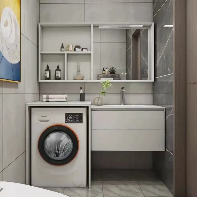 Armoire linge salle bains lavabo céramique bois moderne… – vue 5