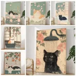 Baignoire japonaise chat paresseux bain Art affiche rétro esthétique toile impression murale salle de bain salon chambre décoration cadeau