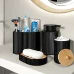 Accessoires de salle de bain porte-brosse à dents de bain noir, distributeur de savon en mousse, boîte en boule de coton et porte-savon pour comptoir décoratif