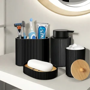 Accessoires de salle de bain porte-brosse à dents de bain noir, distributeur de savon en mousse, boîte en boule de coton et porte-savon pour comptoir décoratif Accessoires de salle de bain porte-brosse à dents de bain noir, distributeur de savon en mousse, boîte en boule de coton et porte-savon pour comptoir décoratif