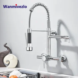 Robinet de cuisine à ressort mural chromé, bec de bec, eau chaude et froide, nervure vers le bas, évier, centre commercial, grue Robinet de cuisine à ressort mural chromé, bec de bec, eau chaude et froide, nervure vers le bas, évier, centre commercial, grue