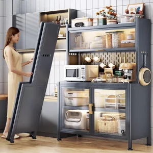 Support rangement cuisine acier carbone cinq niveaux noir blanc personnalisable charge150kg pliable étagères microondes LED crochets poignées dorées pieds réglables Support rangement cuisine acier carbone cinq niveaux noir blanc personnalisable charge150kg pliable étagères microondes LED crochets poignées dorées pieds réglables