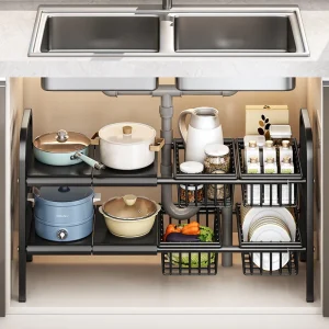 Mir de rangement sous évier réglable T1, casseroles à vaisselle multifonctionnelles, stockage d&rsquo;ustensiles de cuisine, seau T1, armoire supérieure