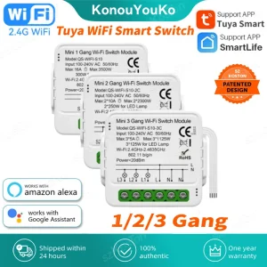 Tuya WiFi Module de commutation intelligent 1/2/3 Gang commutateur Mini disjoncteur intelligent bricolage vie intelligente contrôle bidirectionnel fonctionne avec Alexa Google Home