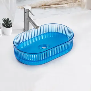 Lavabo posé ovale translucide bleu acrylique strié brillant prépercé…
