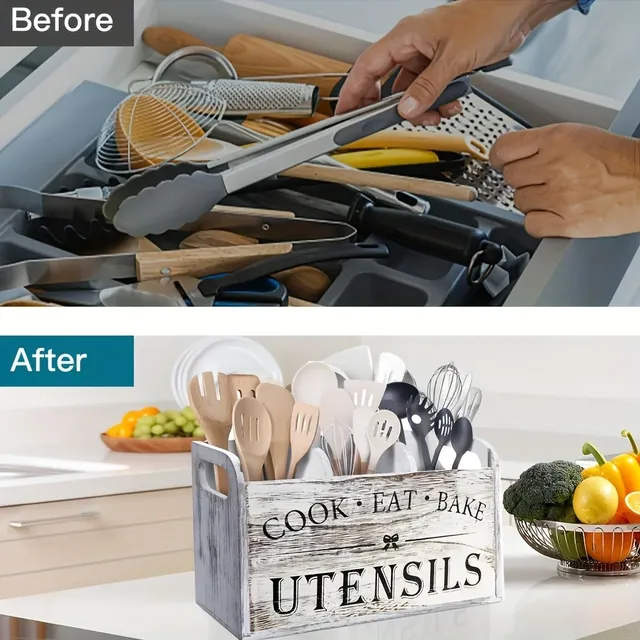 Organisateur ustensiles cuisine bois peint effet vieilli… – vue 5