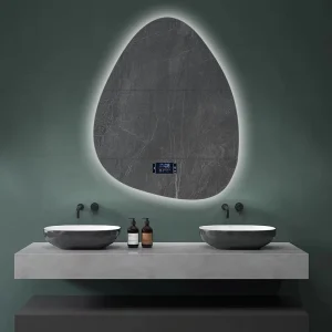 Miroir de salle de bain irrégulier vertical intelligent, 3 couleurs réglables, lumière multifonction LED avec haut-parleur Bluetooth pour vestiaire d&rsquo;hôtel