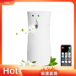 distributeur automatique pulvérisation désodorisant mural autonome télécommande minuterie programmable plastique ABS piles indicateur LED capteur silencieux compact moderne