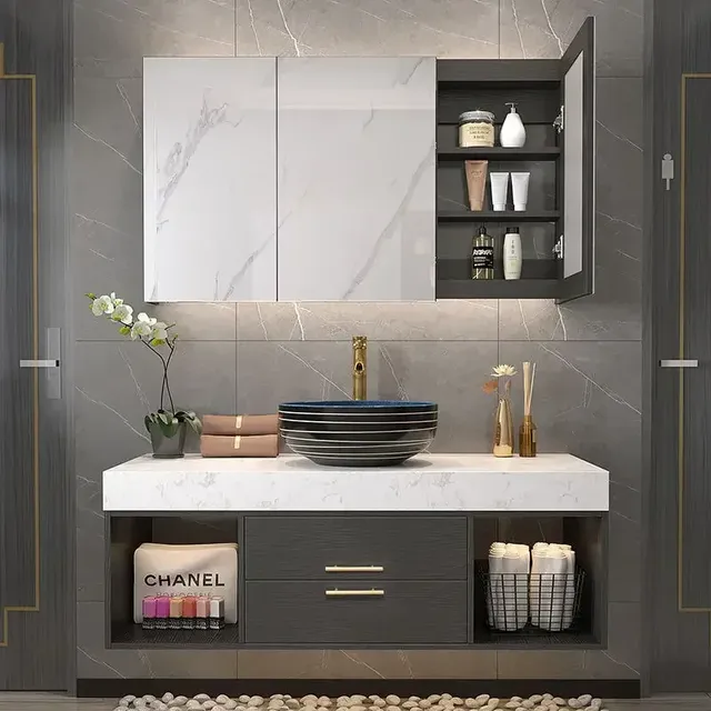 Meuble vasque mural contemporain marbre gris ronde… – vue 2