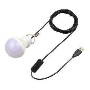 Lampe camping portable LED USB cordon long 2m5 interrupteur filaire crochet métallique globe opalin corps cannelé blanc chaud 3000K