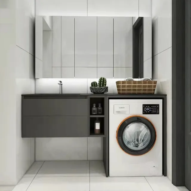Armoire linge salle bains lavabo céramique bois moderne… – vue 4
