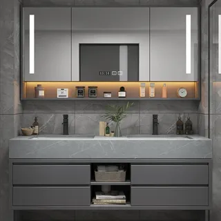 Meuble salle bain suspendu double vasque marbre gris robinets noirs…