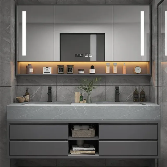 Meuble salle bain suspendu double vasque marbre gris…