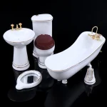 Fournitures de salle de bains miniatures en porcelaine pour maison de poupée, Mini lavabo de toilette 1:12, accessoires de miroir de baignoire, 5 pièces/ensemble