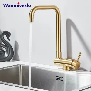 Plomb en acier inoxydable pour évier de cuisine, robinet de centre commercial, rotation à 360 degrés, or brossé Plomb en acier inoxydable pour évier de cuisine, robinet de centre commercial, rotation à 360 degrés, or brossé