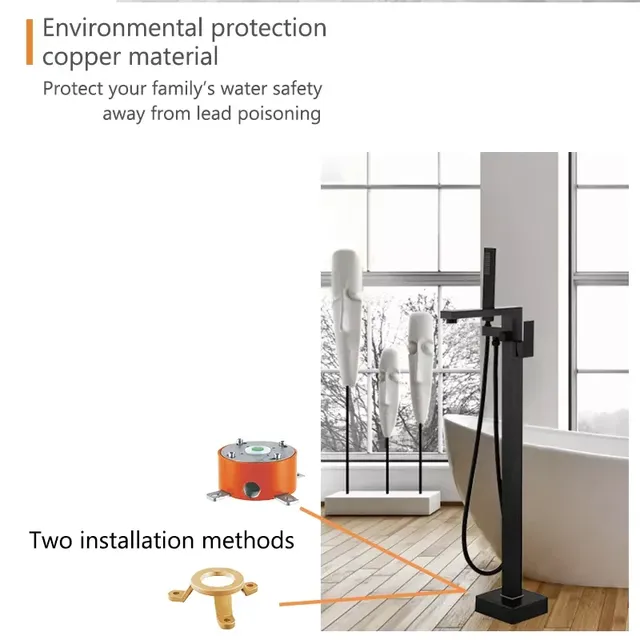 Robinet de baignoire de sol carré noir de luxe – vue 5