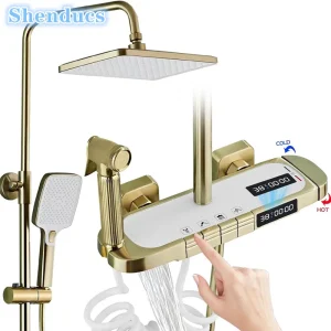 Pommeau de douche à effet pluie en or brossé, ensemble de douche à chaud et froid, système de douche thermostatique, piano numérique, 12 po Pommeau de douche à effet pluie en or brossé, ensemble de douche à chaud et froid, système de douche thermostatique, piano numérique, 12 po