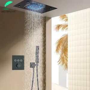 Ensembles de douche thermostatiques de luxe à LED, montage au plafond, système de douche à cascade et pluie, robinet de centre commercial à 3 voies
