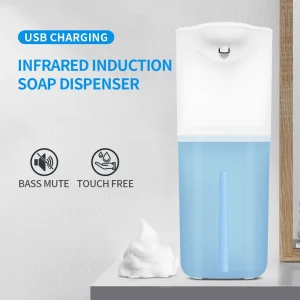 distributeur automatique savon mousse rechargeable USB sans contact inductif 350ml blanc ABS compact silencieux 1200mAh détection infrarouge translucide