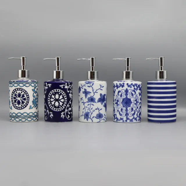 Distributeur savon liquide céramique bleu blanc élégant…