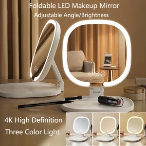 Miroir de maquillage pliable à lumière LED tricolore, miroir de vanité de bureau et de chambre à coucher, contrôle Intelligent, miroirs cosmétiques réglables 4K HD Miroir de maquillage pliable à lumière LED tricolore, miroir de vanité de bureau et de chambre à coucher, contrôle Intelligent, miroirs cosmétiques réglables 4K HD