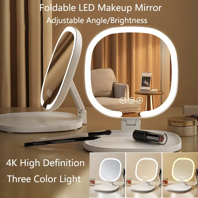 Miroir de maquillage pliable à lumière LED tricolore