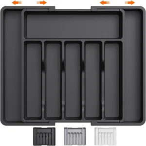 Plateau porte-ustensiles organisateur de tiroir de cuisine réglable, boîte de rangement de couverts en plastique avec 8 séparateurs amovibles pour fourchettes cuillères Plateau porte-ustensiles organisateur de tiroir de cuisine réglable, boîte de rangement de couverts en plastique avec 8 séparateurs amovibles pour fourchettes cuillères