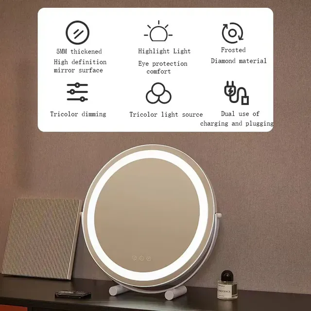 Miroir maquillage LED rond socle métal noir mat verre… – vue 3
