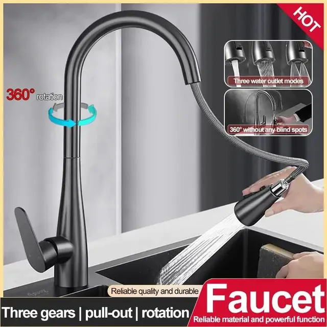 Mitigeur cuisine monobloc col cygne noir mat douchette… – vue 2