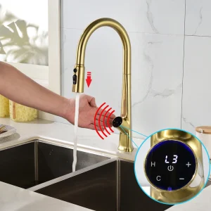 Robinet d&rsquo;évier de cuisine à capteur de luxe moderne, mélangeur d&rsquo;eau chaude et froide, affichage de la température extractible, robinets de cuisine tactiles à Induction Robinet Touchless haut de gamme en or brossé