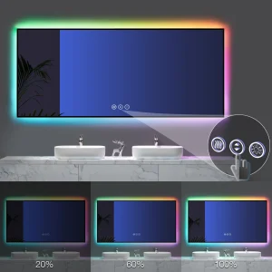 Nouveau miroir de lumière LED coloré rvb, miroir de salle de bains intelligent rétroéclairé mural avec fonction de mémoire Anti-buée à intensité variable