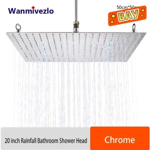 Pommeau de douche de salle de bains à effet de pluie chromé, robinets de douche à grande pluie de 20 pouces, accessoire de pomme de douche Ultra-mince en laiton carré supérieur de 50cm Pommeau de douche de salle de bains à effet de pluie chromé, robinets de douche à grande pluie de 20 pouces, accessoire de pomme de douche Ultra-mince en laiton carré supérieur de 50cm
