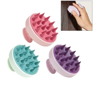 brosse shampooing massante masseur cuir chevelu silicone picots souples ergonomique compacte portable exfoliante stimulation circulation antistatique poignée pastel