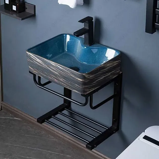 Lavabo mural céramique bleu émaillé rectangulaire coins… – vue 3