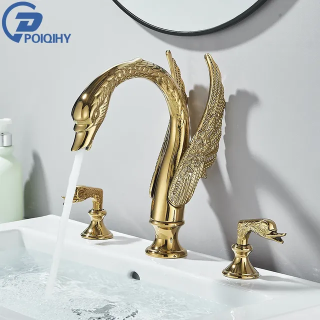 Robinet lavabo cygne bassin laiton doré finition… – vue 2