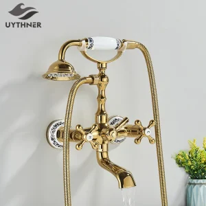 Robinet mitigeur de baignoire noir doré de luxe, Style de téléphone avec pulvérisateur douchette à main bec rotatif baignoire mélangeur d&rsquo;eau chaude et froide