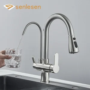 Senlesen robinet de cuisine doré pour eau purifiée, monté sur le pont en laiton, robinet d&rsquo;évier extractible à double poignée, robinet mitigeur à deux becs pivotants
