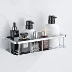 etagere murale coin douche inoxydable chrome rectangulaire compact simple plateau fentes drainage rebords antichute tubulaire robuste minimaliste moderne