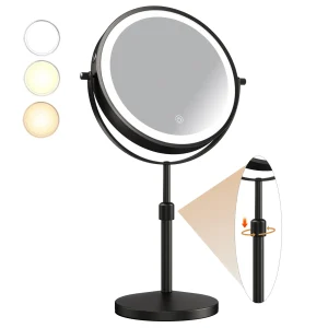 Miroir de maquillage de 8.5 pouces avec lampe lumineuse grossissement 10X 3 lumières de couleur, miroir cosmétique debout à hauteur de luminosité réglable