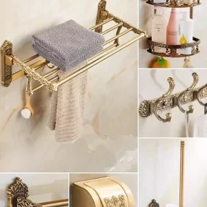 Accessoires de salle de bains sculptés en Bronze Antique, matériel de bain en aluminium, étagère de salle de bains, porte-serviettes, porte-papier, porte-brosse de toilette