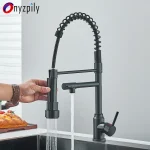 Robinet d&rsquo;évier de cuisine en acier inoxydable, ressort noir, mitigeur d&rsquo;eau chaude et froide, robinet de grue avec double bec 360 °   Robinet de rotation