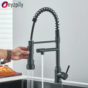 Robinet d’évier de cuisine en acier inoxydable, ressort noir, mitigeur d’eau chaude et froide, robinet de grue avec double bec 360 ° Robinet de rotation Robinet d’évier de cuisine en acier inoxydable, ressort noir, mitigeur d’eau chaude et froide, robinet de grue avec double bec 360 ° Robinet de rotation