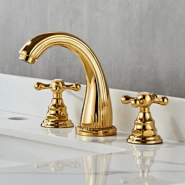 Robinet lavabo trois trous bec haut arche doré laiton… – vue 2