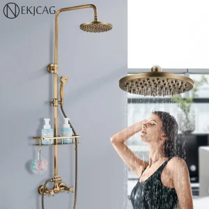 Robinet mitigeur d’eau chaude et froide en laiton Antique, salle de bains, bain-douche, pluie, rond pivotant de 8 pouces, système de douche à barre coulissante Robinet mitigeur d’eau chaude et froide en laiton Antique, salle de bains, bain-douche, pluie, rond pivotant de 8 pouces, système de douche à barre coulissante
