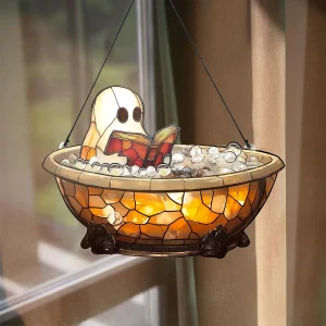 Ornements suspendus en acrylique fantôme d&rsquo;halloween dans la baignoire, décor de livre de lecture fantôme mignon, décorations de fenêtre de salon de chambre à coucher de maison