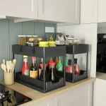 Organisateur sous évier en plastique noir à 2 niveaux, tiroirs coulissants, crochets, rangement peu encombrant pour la cuisine, les ustensiles